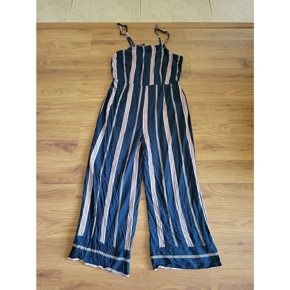 Moral Fiber Striped Tie Strap‎ Jumpsuit Sleeveless Wide Leg Romper Medium Blue